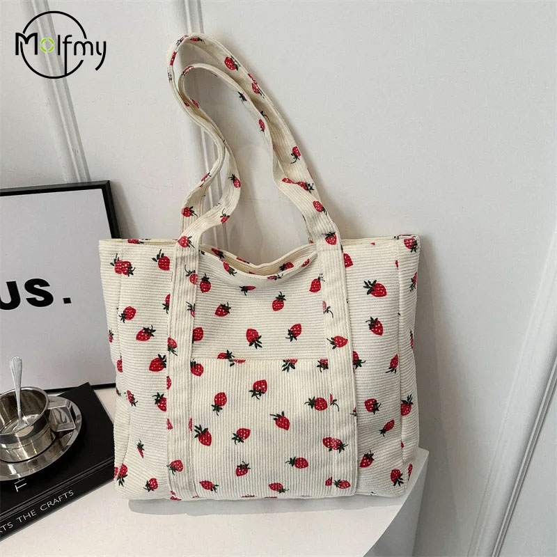 Women Bags Zara - Corduroy Handbag Strawberries Beach Bag Fashionable