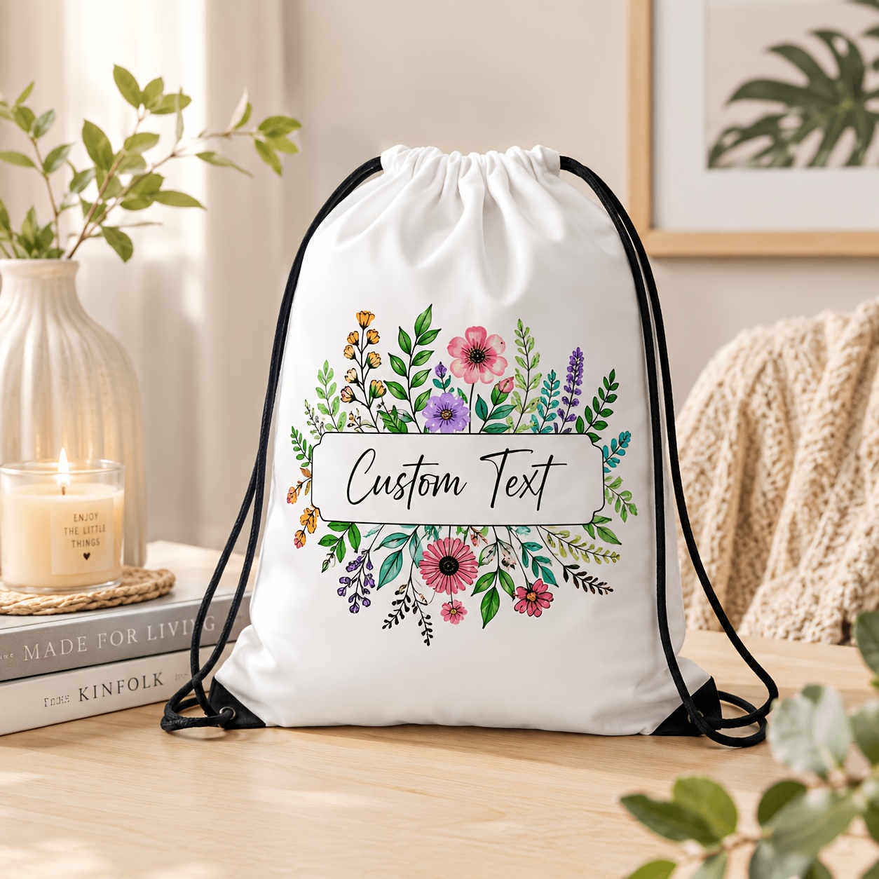 Women Bags For Eid - Personalized Drawstring Bag Custom Name Floral