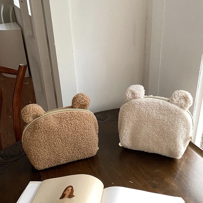 Women Vanity Bags - Kawaii Bear Ear Sherpa Makeup Bag,
